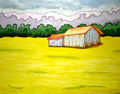 BARN IN MUSTARD FIELD